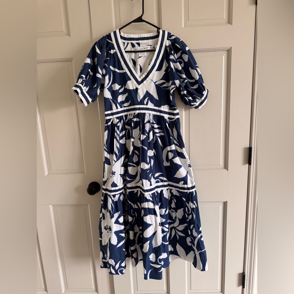 Gretchen Scott Designs Navy & White Floral V-Neck Tiered Midi Dress
